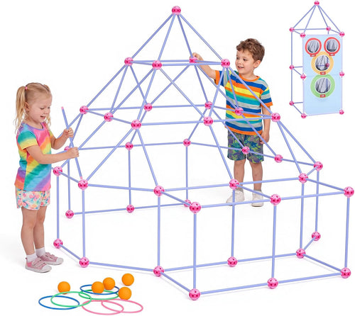 Kids fort frame built from rods and connector balls draped with a blanket