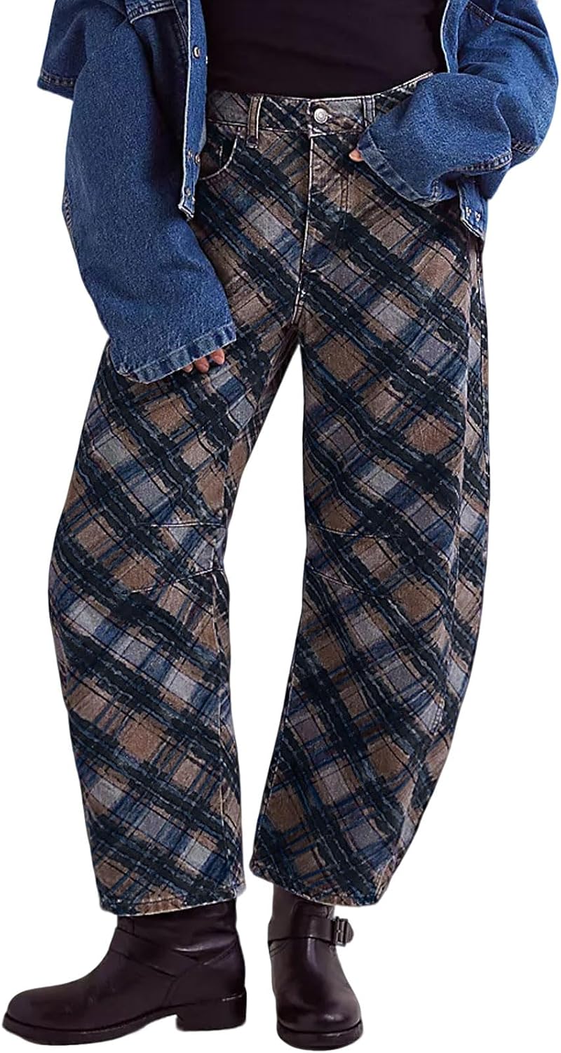 Women's Floral Print Barrel Jeans - Mid Rise Baggy Wide Leg Ankle Denim with Patchwork Detail - Small (12)