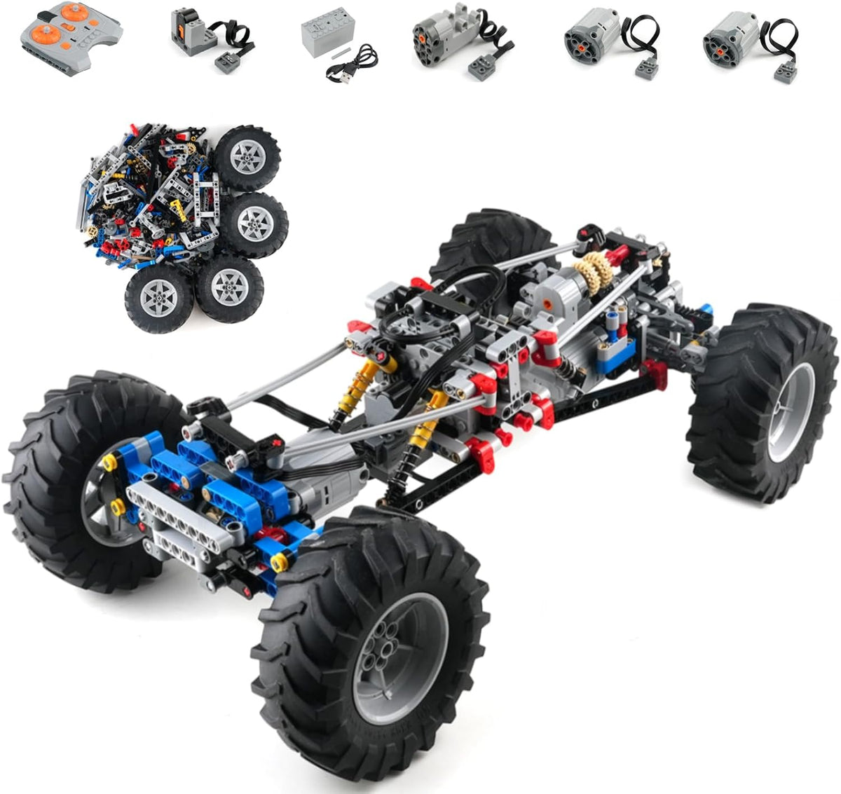 Brick-built 4WD off-road car chassis with large tires, shocks and motor box
