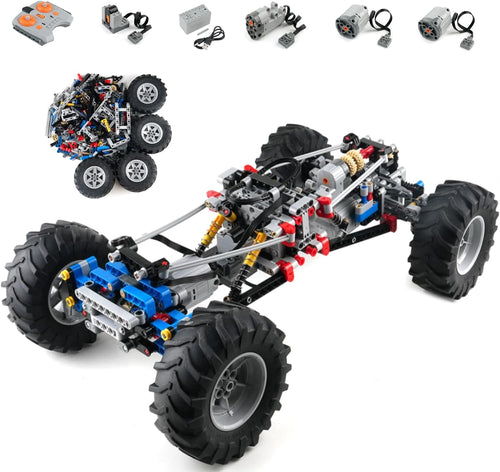 Brick-built 4WD off-road car chassis with large tires, shocks and motor box