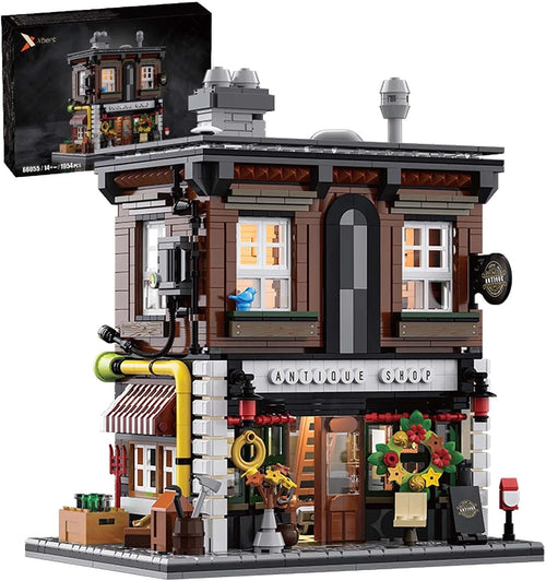 Brick-built vintage antique shop facade with clock and bookshelf inside