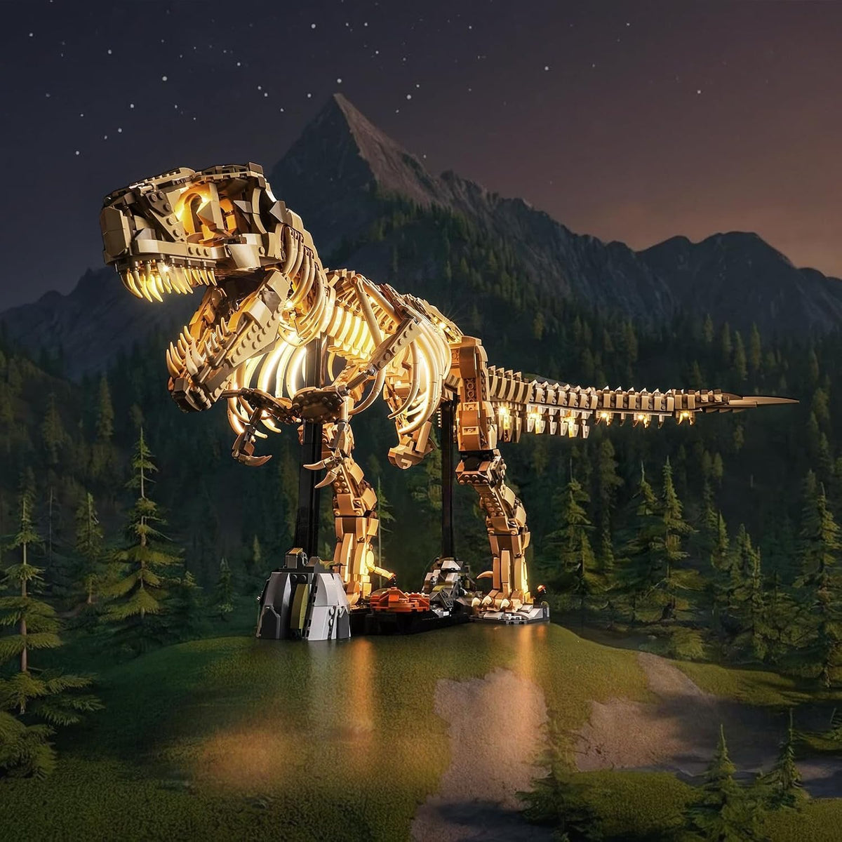 Brick-built T. rex fossil skeleton lit by LED lights on its display base – view 2