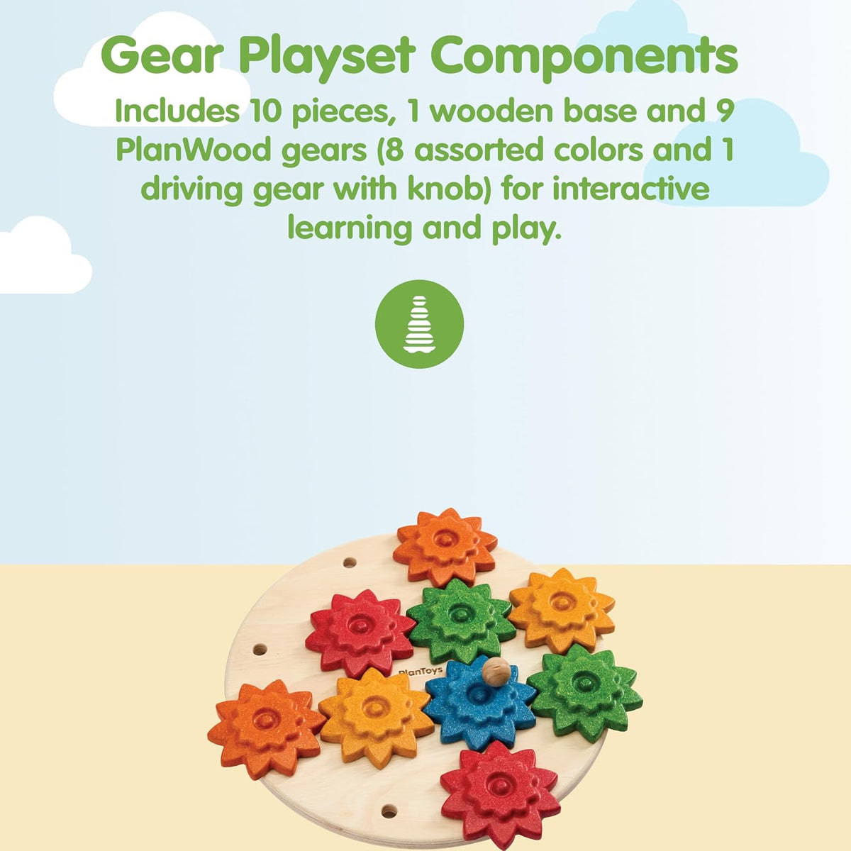 Colorful wooden gears mounted on a board