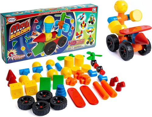 Colorful crazy-shaped magnetic pieces built into a tower