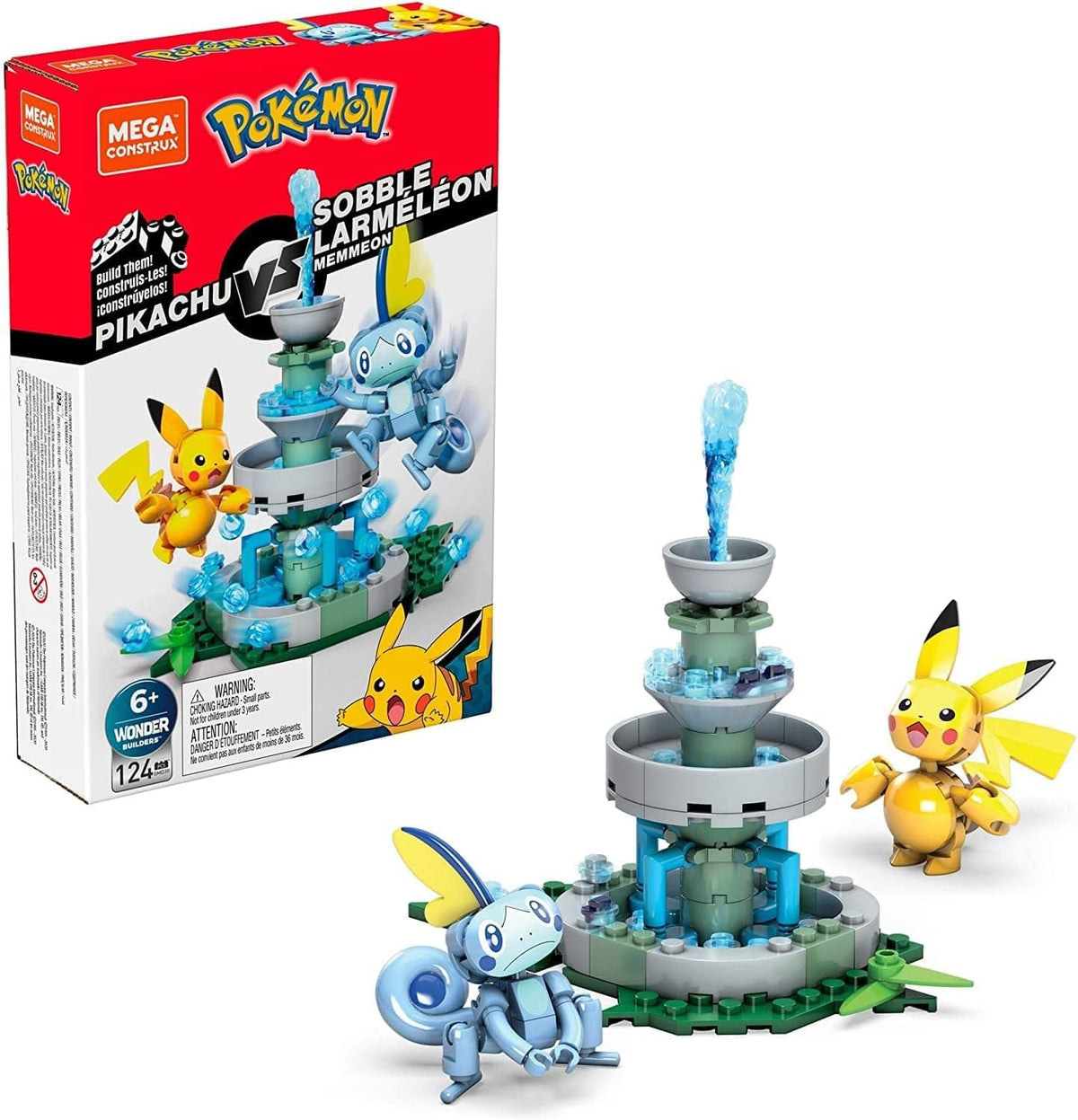 Brick-built yellow electric mouse and blue water lizard beside a fountain