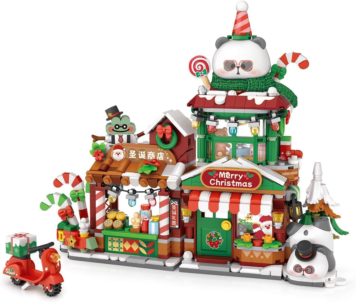 Built snowy holiday bakery with red awning, fountain and snack stand – view 4