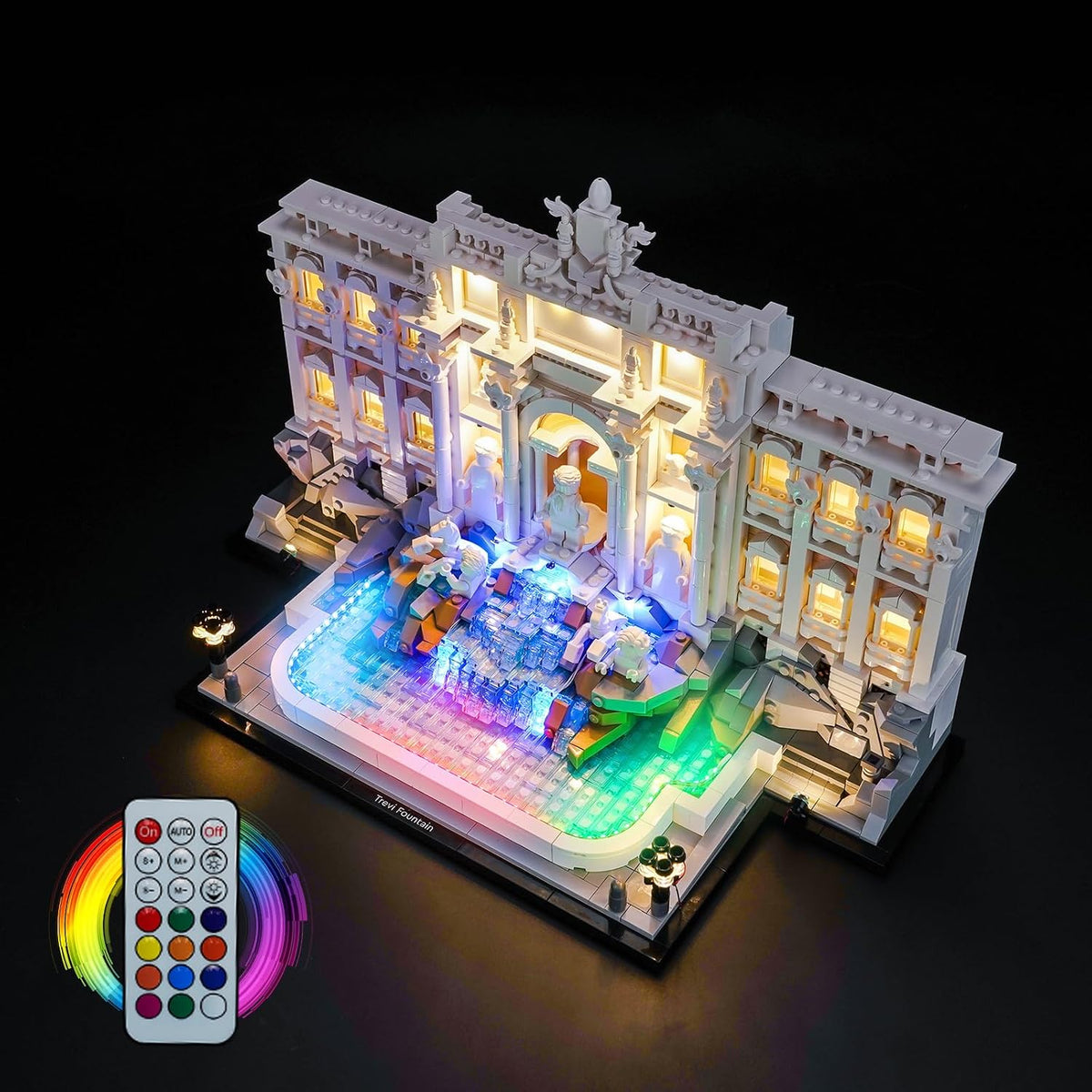 Brick-built Trevi Fountain facade lit in shifting blue and purple RGB light