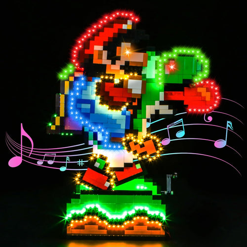 Brick-built plumber hero and green dinosaur model lit with colorful LED lights