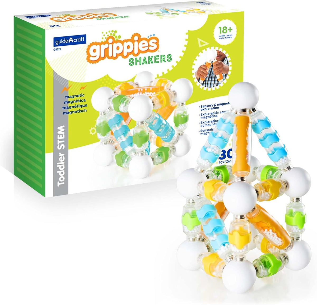 Colorful soft-grip magnetic building pieces connected into a small tower – view 2