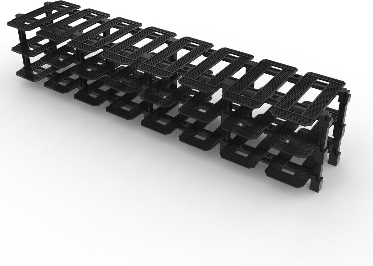 Modular racing garage display rack with small brick race cars in each bay – view 16