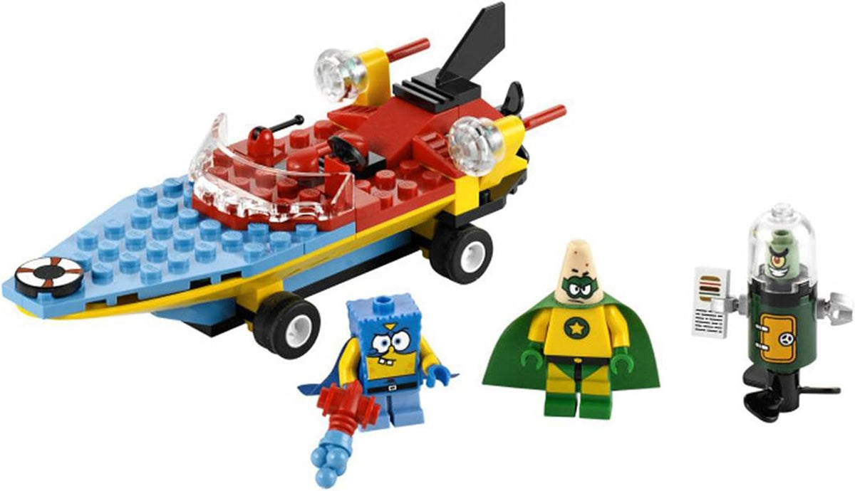 Brick-built cartoon boat car chasing a tiny villain figure underwater