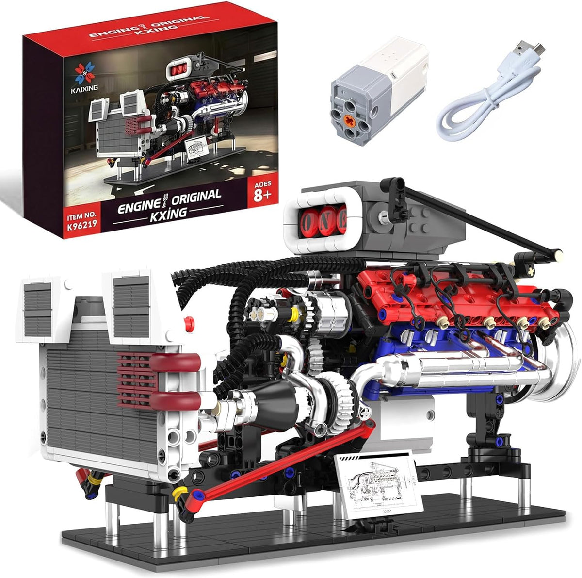 Brick-built V8 engine model with electric motor on a desk