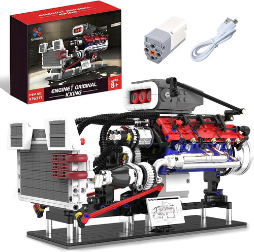 Brick-built V8 engine model with electric motor on a desk