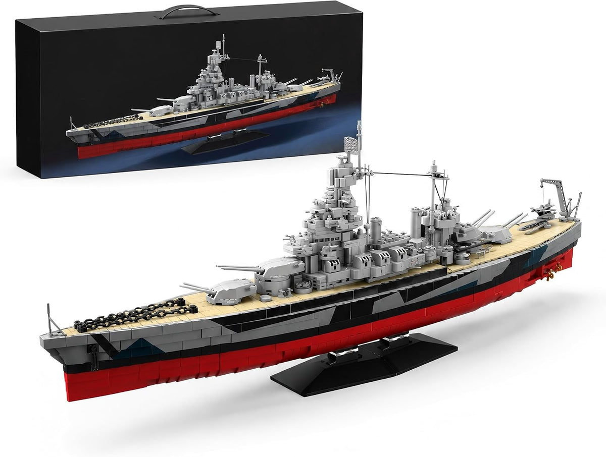 Built WWII battleship brick model with rotatable gun turrets and deck aircraft
