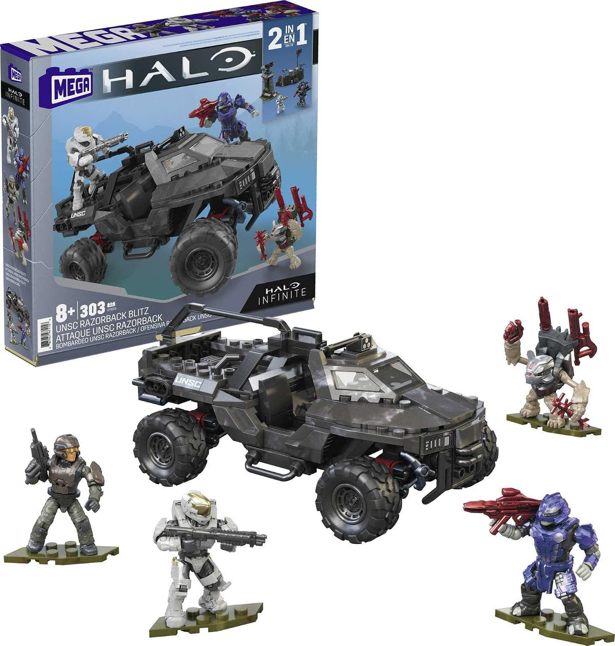 Brick-built armored sci-fi off-road vehicle with four micro action figures