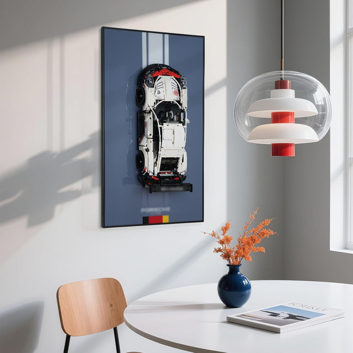 Large brick race car model mounted on a wall display board