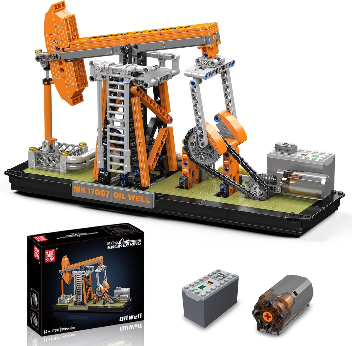 Brick-built oil well pump jack model with motor and battery box