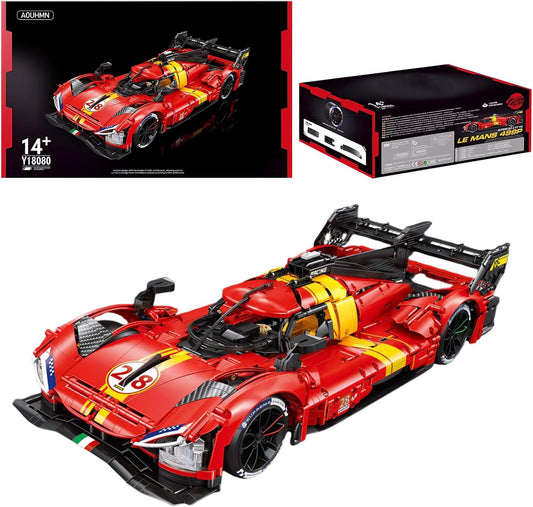 Built red 1:8 scale hybrid endurance race car brick model with rear wing