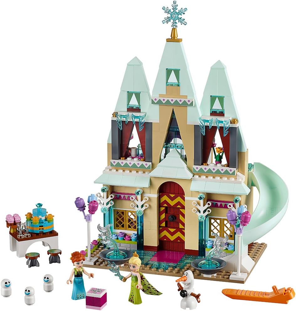 Brick-built ice palace castle with party table and figures