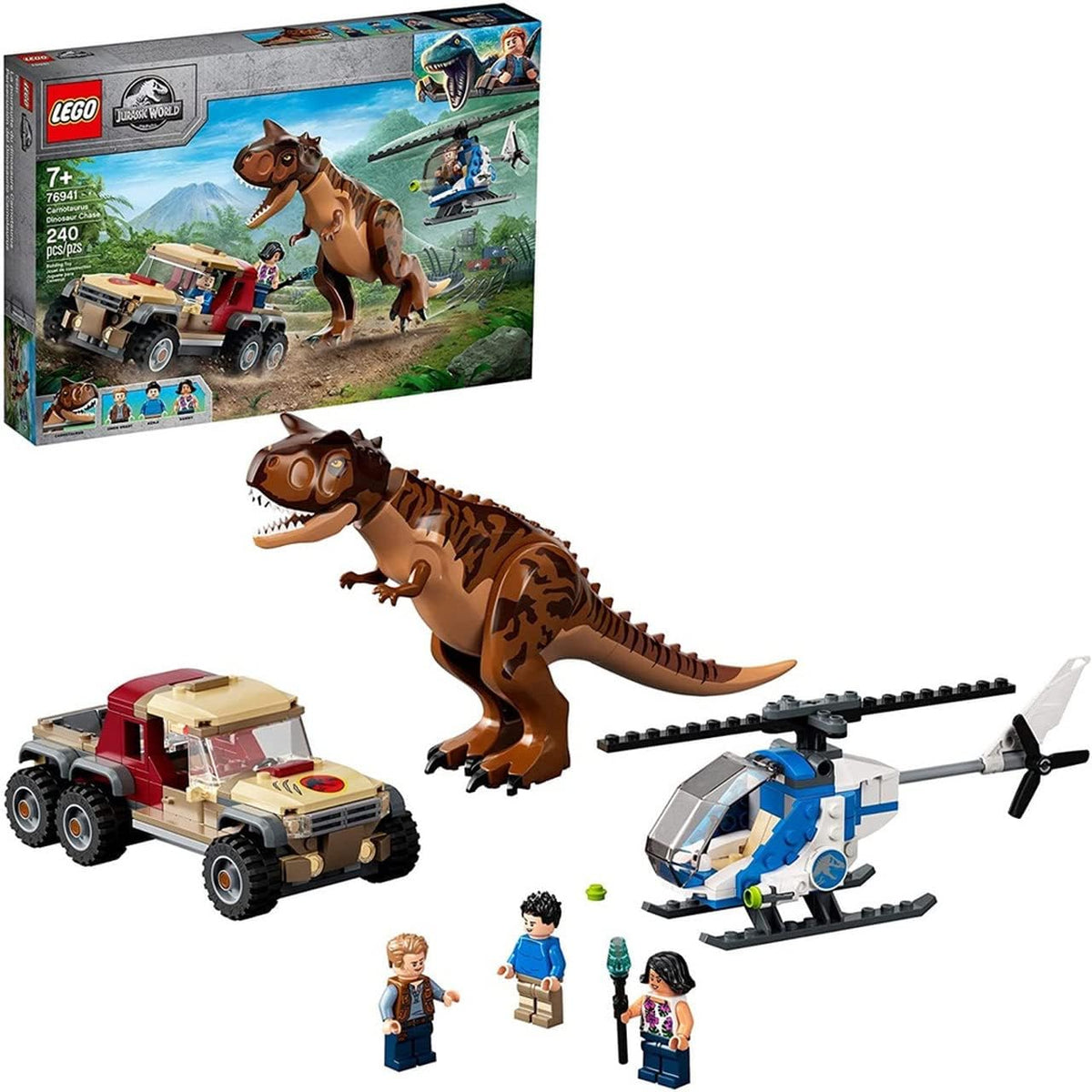 Carnotaurus dinosaur chased by a brick helicopter and pickup truck