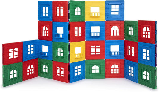 Colorful magnetic tile house with click-in windows set into square window frames
