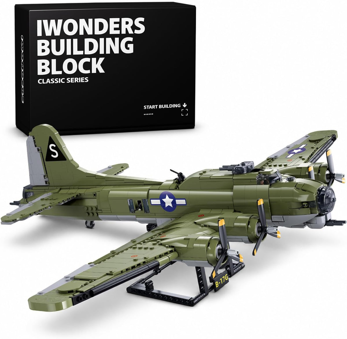 Large WWII heavy bomber brick model with wide wingspan on display