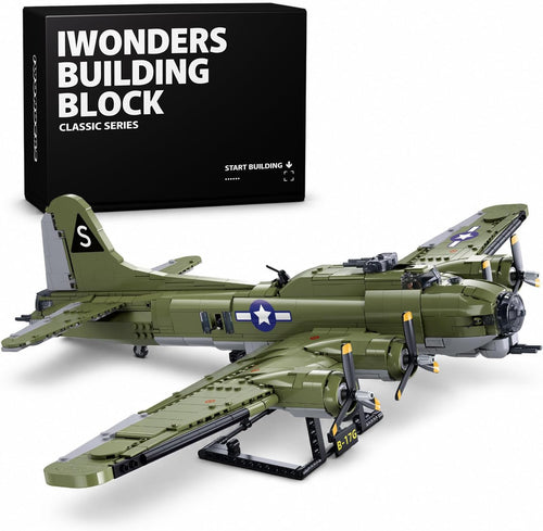 Large WWII heavy bomber brick model with wide wingspan on display