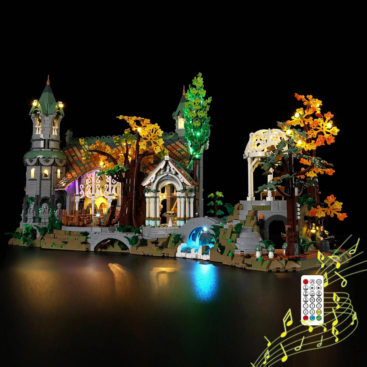 Elven valley brick model with waterfalls and halls glowing under LED lights – view 2