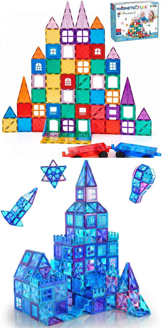 Colorful magnetic tile castle with diamond blocks and two toy cars