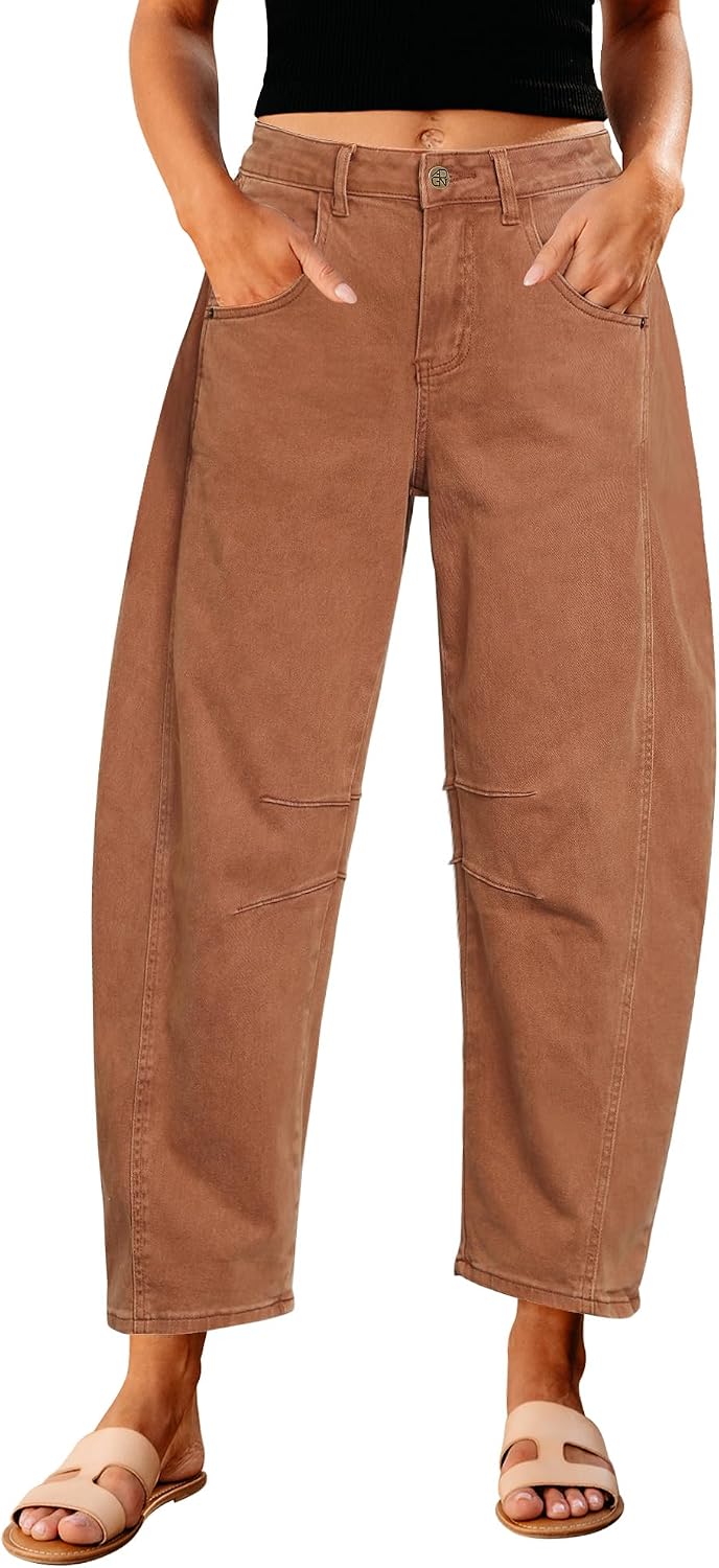 Women's High Rise Barrel Jeans - Cropped Stretch Denim with Seam Detailing for Dressy Casual Outfits - Small (14)