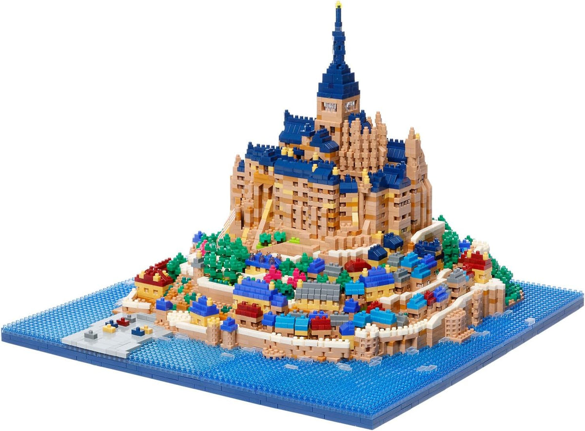 Tiny micro brick model of Mont Saint-Michel abbey on its island