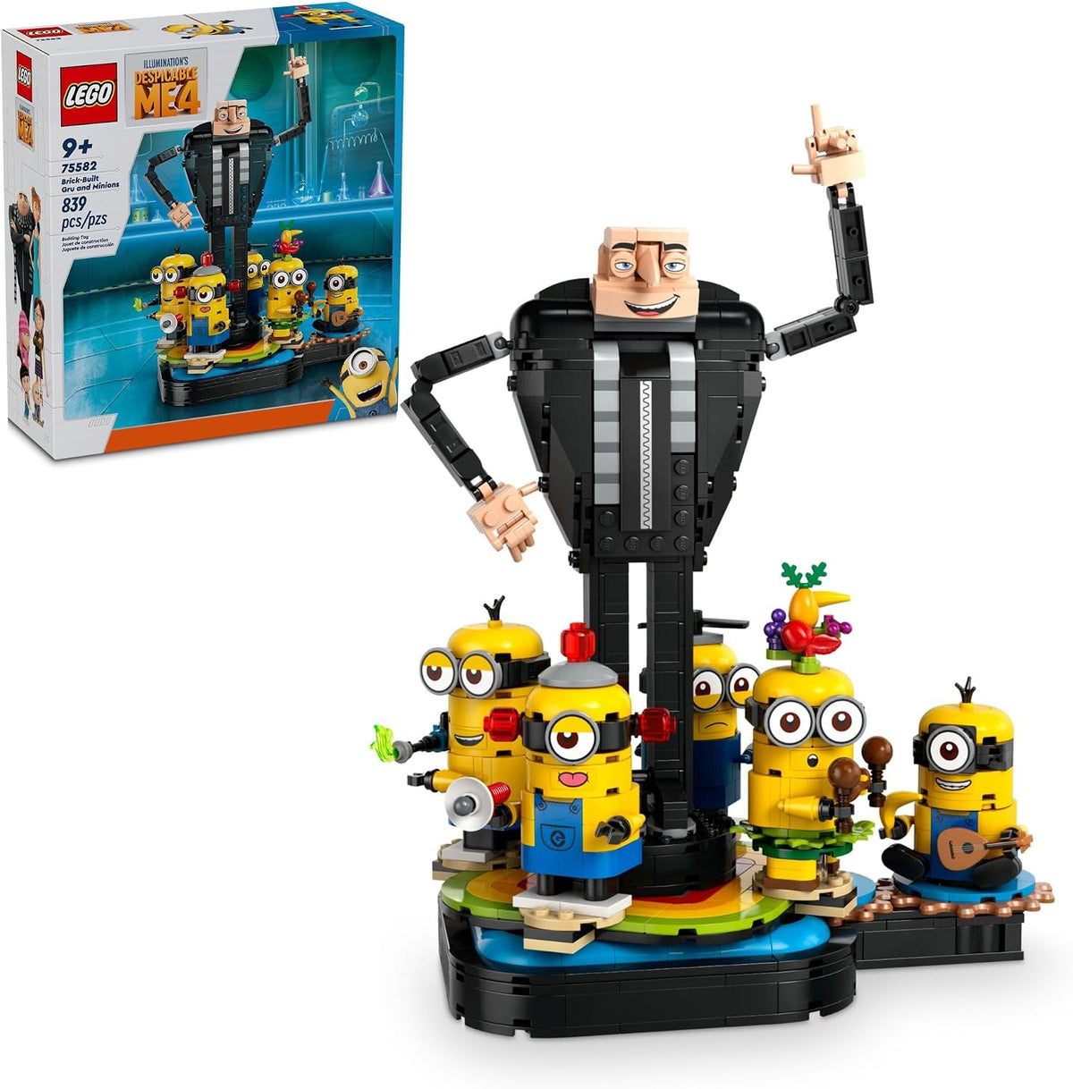 Brick-built villain figure in striped scarf with five small yellow helpers
