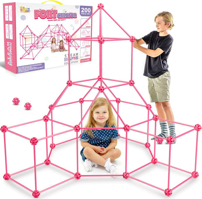 Child-sized fort made of rods and connector balls glowing green in a dark room – view 5