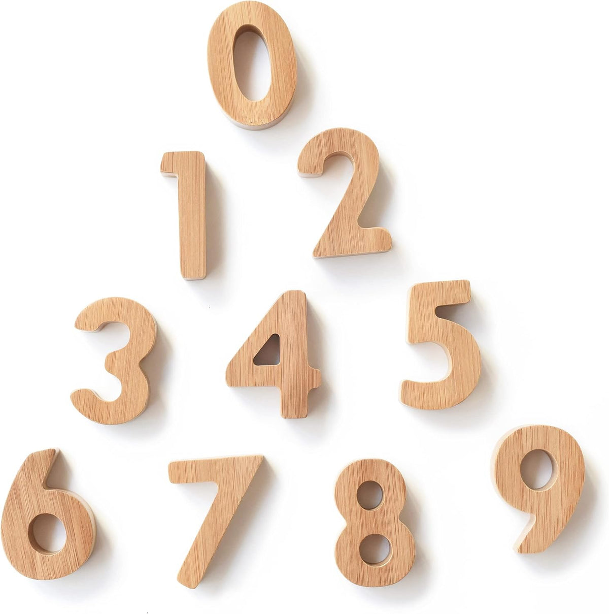 Bamboo alphabet blocks with printed letters stacked in a row – view 2