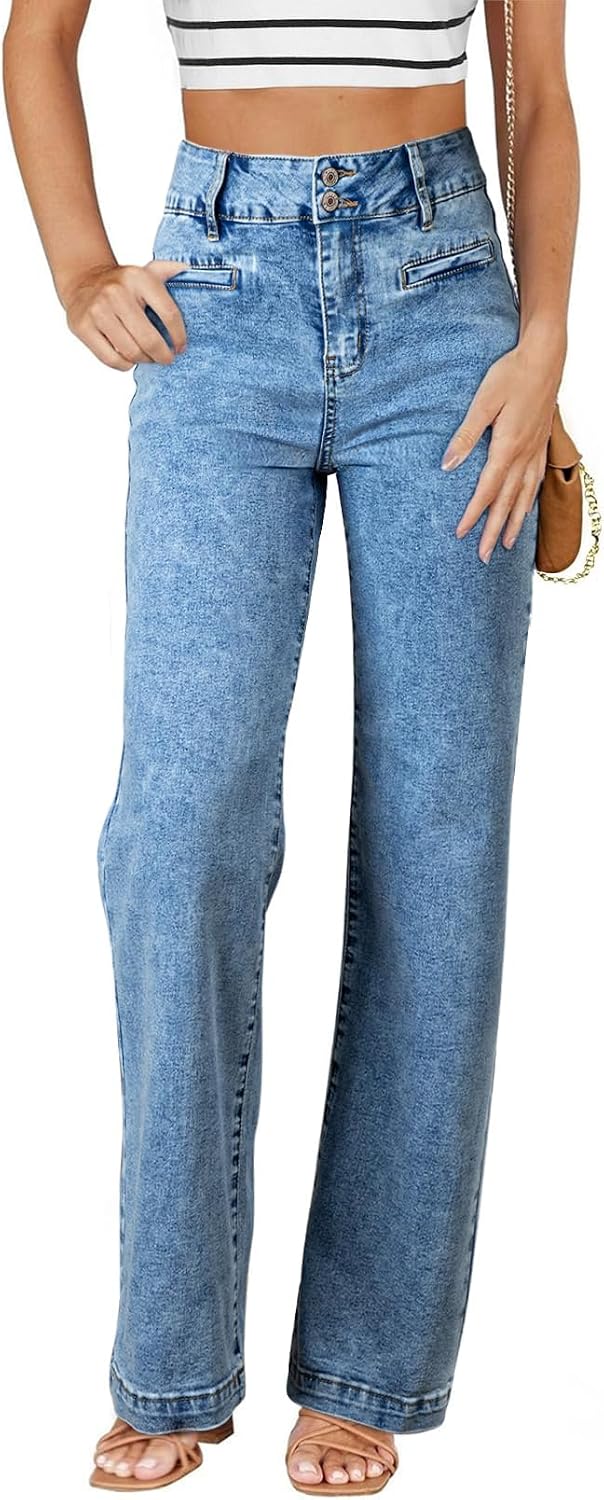 Women's High Waisted Straight Leg Jeans - Soft Stretch Denim with a Dual Button Closure and Pockets - 0