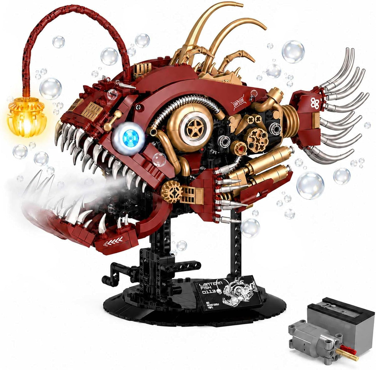 Brick-built dark angler fish with open jaws and glowing lantern lure