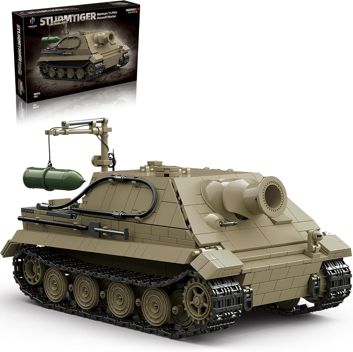 Grey brick-built WWII assault mortar tank with boxy armored hull