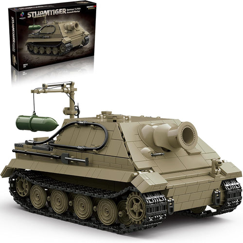 Grey brick-built WWII assault mortar tank with boxy armored hull