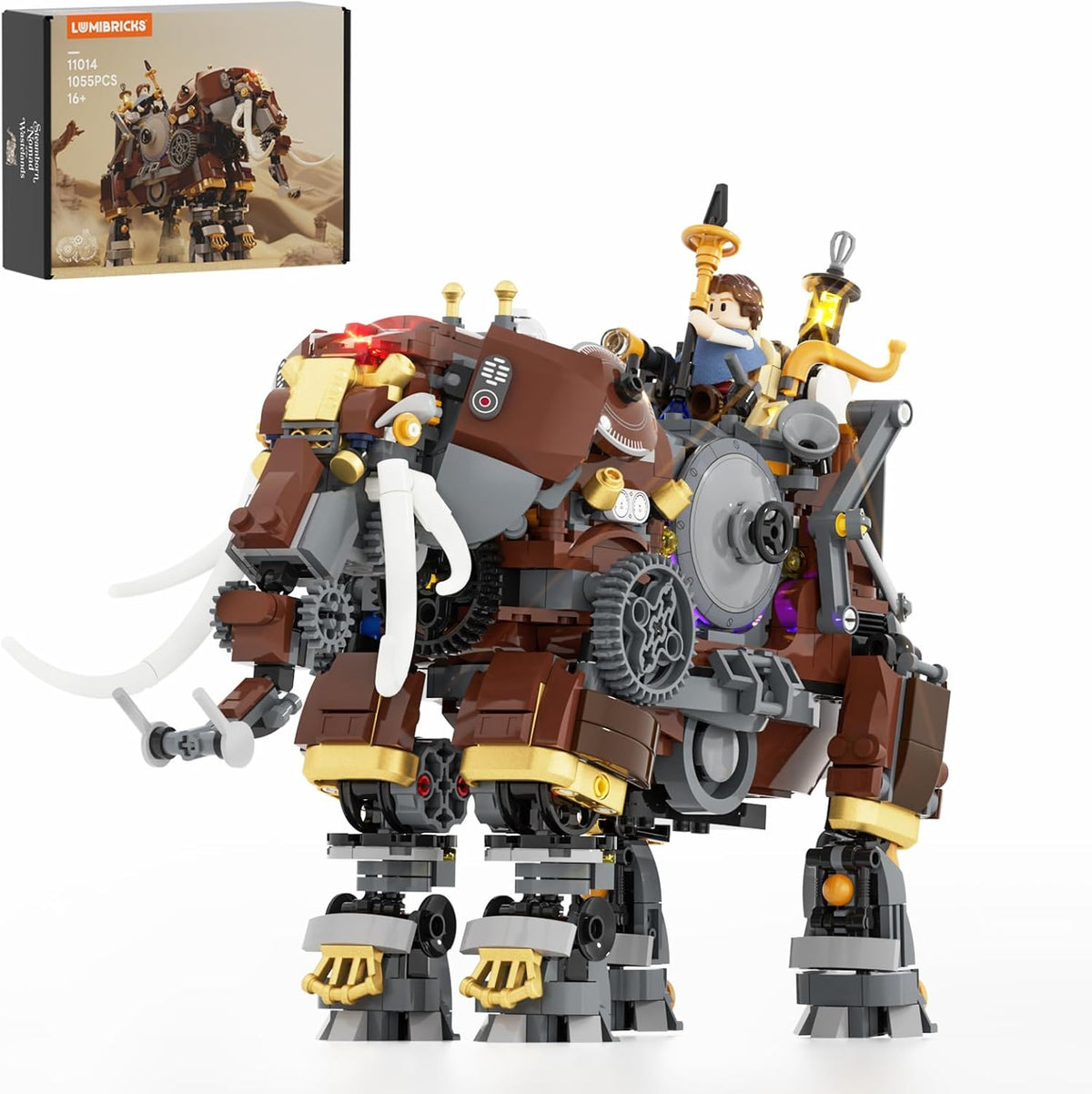 Steampunk mechanical mammoth brick model with gears, lights and riding minifigures