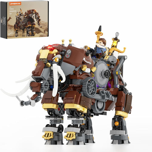 Steampunk mechanical mammoth brick model with gears, lights and riding minifigures