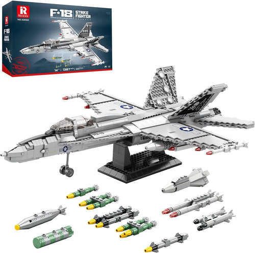 Brick-built gray twin-engine fighter jet posed on a display stand