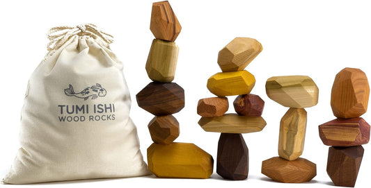 Stack of smooth wooden rock-shaped balancing blocks in mixed natural wood tones