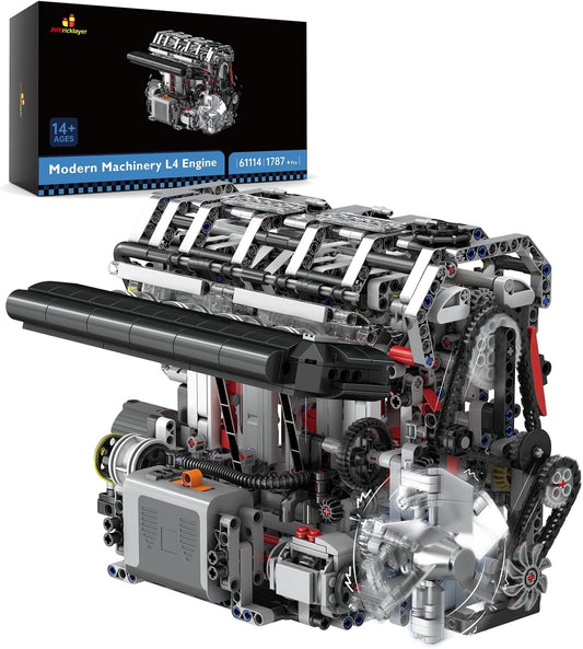 Brick-built four-cylinder engine block with visible pistons and motor