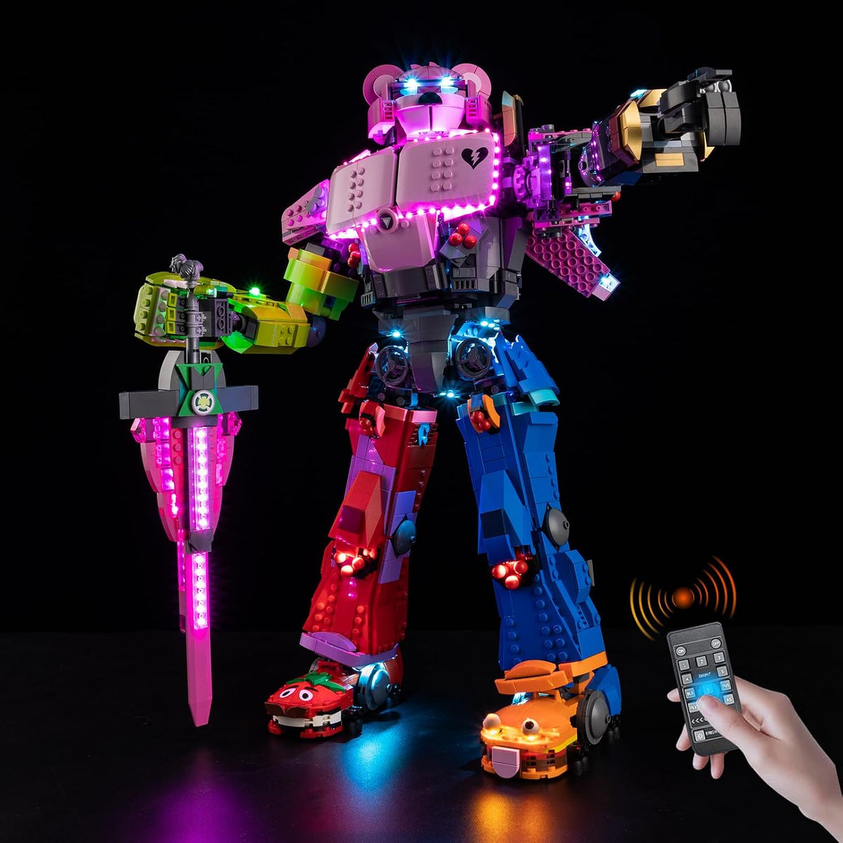 Brick-built mecha robot lit with blue and white LEDs in a dark setting