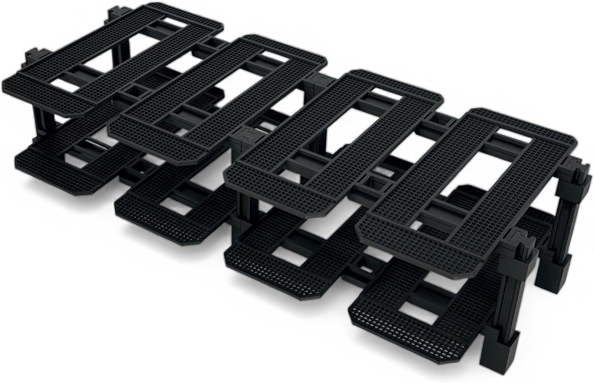 Modular racing garage display rack with small brick race cars in each bay – view 8