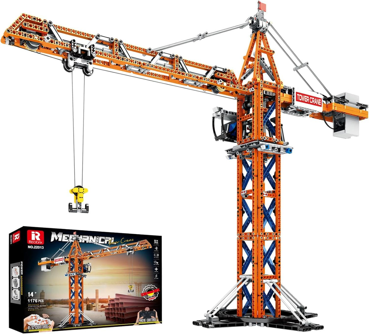 Yellow brick-built tower crane with long jib and remote control