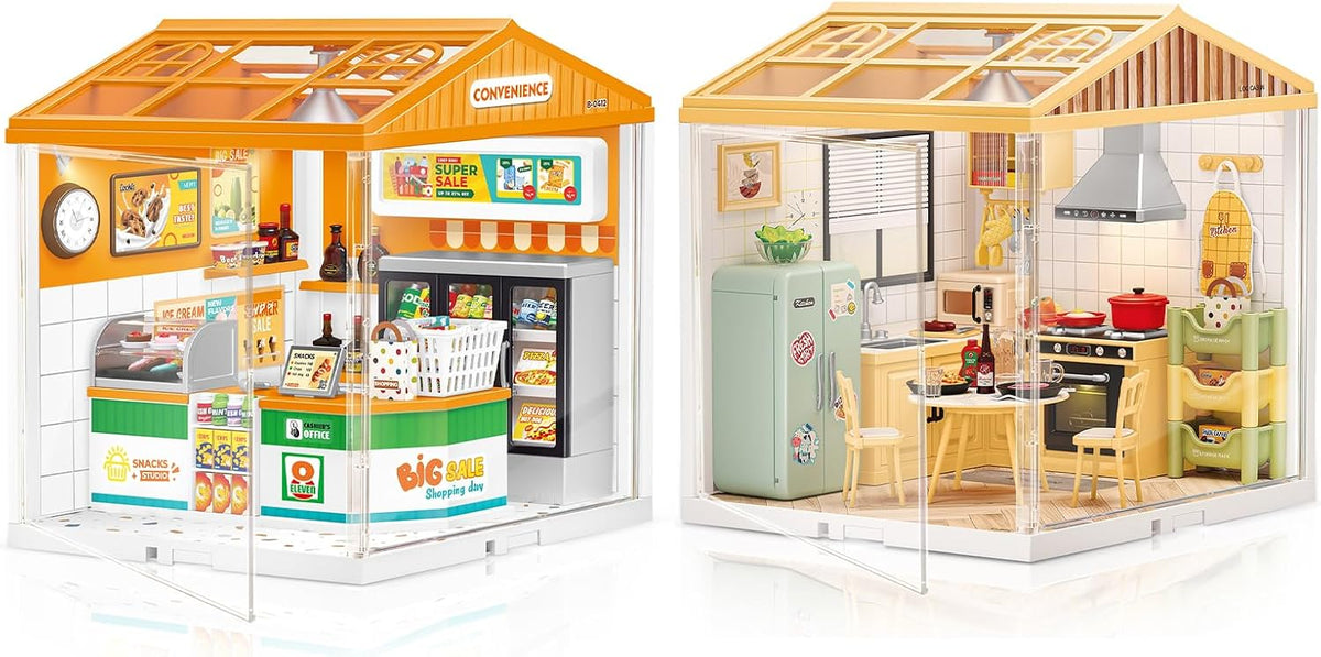 Brick-built miniature furnished room with roof and warm LED light inside