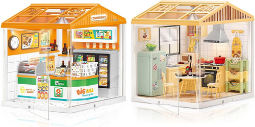 Brick-built miniature furnished room with roof and warm LED light inside