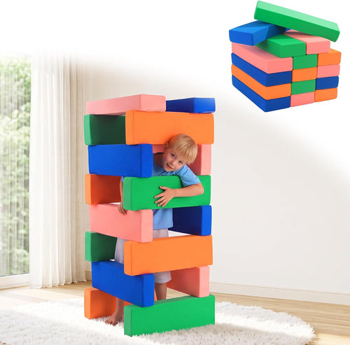Sixteen large soft foam blocks stacked into a colorful wall