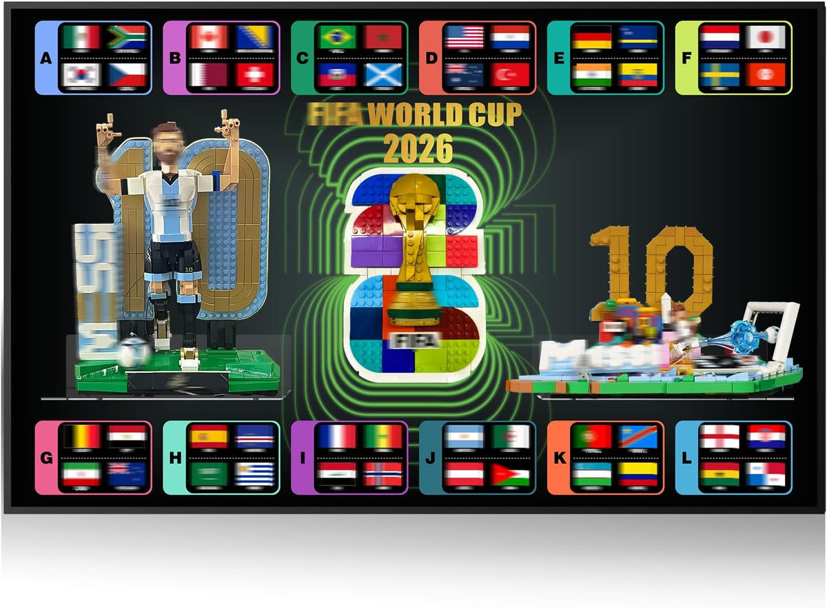Wall display board holding soccer minifigures and a brick-built player